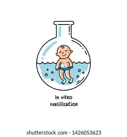 IVF, In vitro fertilization. Vector linear flat illustration. Baby boy embryo floats in a test tube. Outline logo for Infertility Clinic, IVF Center. Infertile couple, fertility problem.