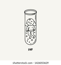 IVF, In vitro fertilization. Vector linear flat illustration. Baby Boy embryo floats in a test tube. Outline logo for Infertility Clinic, IVF Center. Infertile couple, fertility problem.