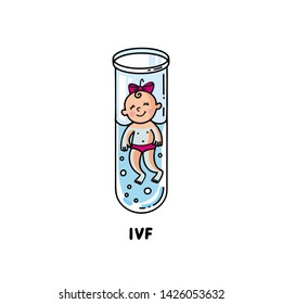 IVF, In vitro fertilization. Vector linear flat illustration. Baby girl embryo floats in a test tube. Outline logo for Infertility Clinic, IVF Center. Infertile couple, fertility problem.