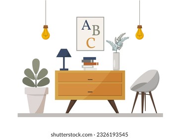 salón, mesita de noche con jarrón, libros, lámpara de pie, flor exterior, silla