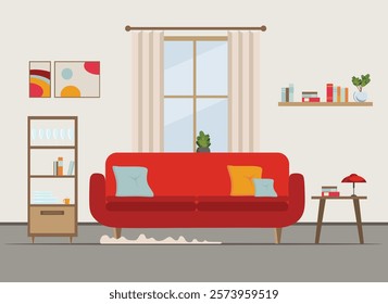 iving room interior with furniture, TV, table, window, wardrobe,shelves with books and home flowers, floor lamp. flat cartoon vector illustration