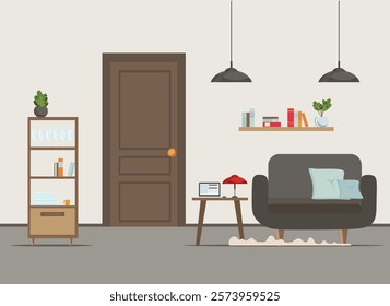 iving room interior with furniture, TV, table, window, wardrobe,shelves with books and home flowers, floor lamp. flat cartoon vector illustration