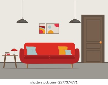 iving room interior with furniture, TV, table, window, wardrobe,shelves with books and home flowers, floor lamp. flat cartoon vector illustration