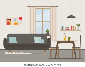 iving room interior with furniture, TV, table, window, wardrobe,shelves with books and home flowers, floor lamp. flat cartoon vector illustration