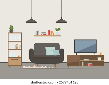 iving room interior with furniture, TV, table, window, wardrobe,shelves with books and home flowers, floor lamp. flat cartoon vector illustration