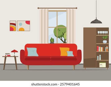 iving room interior with furniture, TV, table, window, wardrobe,shelves with books and home flowers, floor lamp. flat cartoon vector illustration