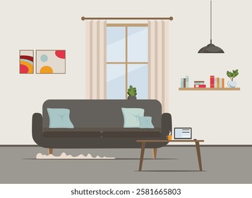 iving room interior with furniture, TV, table, window, wardrobe,shelves with books and home flowers, floor lamp. flat cartoon vector illustration