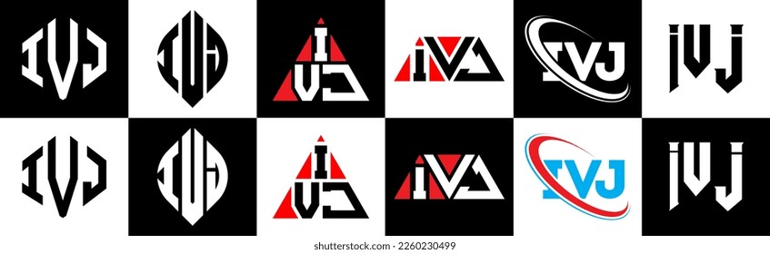 IVJ letter logo design in six style. IVJ polygon, circle, triangle, hexagon, flat and simple style with black and white color variation letter logo set in one artboard. IVJ minimalist and classic logo