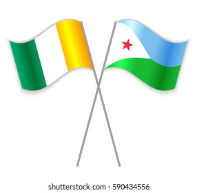 Ivorian and Djiboutian crossed flags. Ivory Coast combined with Djibouti isolated on white. Language learning, international business or travel concept.