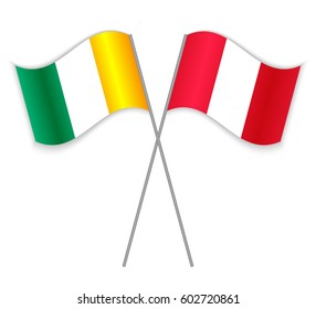 Ivorian and Peruvian crossed flags. Ivory Coast combined with Peru isolated on white. Language learning, international business or travel concept.