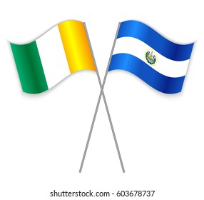 Ivorian and Salvadoran crossed flags. Ivory Coast combined with El Salvador isolated on white. Language learning, international business or travel concept.