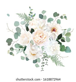 Ivory beige rose, white and creamy woody peony, chrysanthemum flower vector design wedding bouquet.Eucalyptus, greenery.Floral pastel watercolor style.Spring bouquet.Elements are isolated and editable