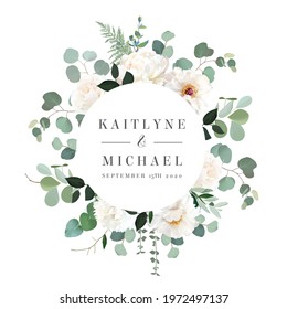 Ivory beige rose, white and creamy woody peony, chrysanthemum flower vector design wedding round frame. Eucalyptus, greenery. Floral watercolor style. Spring wreath.Elements are isolated and editable