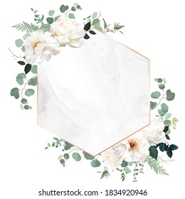 Ivory Beige Rose, White Peony, Ranunculus Flowers, Sage Green Eucalyptus, Vector Design Marble Frame. Textured Card. Eucalyptus, Greenery. Floral Geometric Style. Elements Are Isolated And Editable