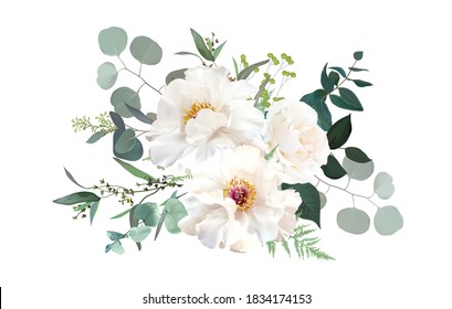 Ivory beige, white and creamy rose, peony flowers vector design wedding bouquet. Eucalyptus, greenery. Floral pastel watercolor style. Blooming spring floral card. Elements are isolated and editable