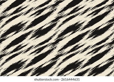 Ivory black ikat scratch wave, dynamic stripe ornament flow ethnic seamless canvas textile traditional brush abstract fashion pattern draw repeat blurred fabric grunge motion hand sketch print