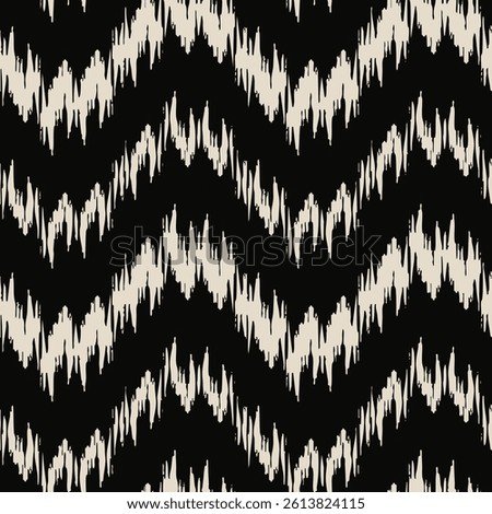 Ivory black ikat zigzag chevron, abstract dynamic stripe endless textile ornament colorful blurred fashion pattern canvas ogee print hand draw seamless fabric ethnicity cloth grunge line ethnic art