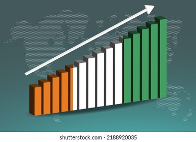 Ivory Coast 3D bar chart graph vector, upward rising arrow on data, country statistics concept, Ivory Coast country flag on 3D bar graph, increasing values, news banner idea