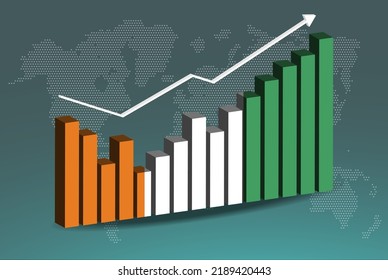 Ivory Coast 3D bar chart graph with ups and downs, increasing values, Ivory Coast country flag on 3D bar graph, upward rising arrow on data, news banner idea, developing country concept