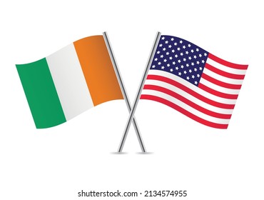 Ivory Coast and America crossed flags. Ivorian and American flags, isolated on white background. Vector icon set. Vector illustration.