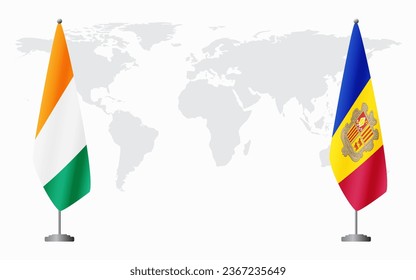 Ivory Coast and Andorra flags for official meeting against background of world map.