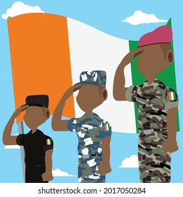 Ivory Coast Army and Police Saluting to The République de Côte d'Ivoire National Flag