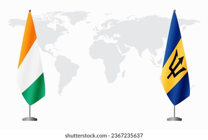 Ivory Coast and Barbados flags for official meeting against background of world map.