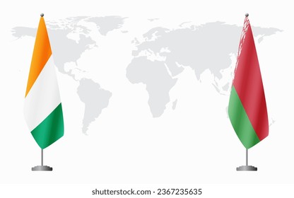 Ivory Coast and Belarusian flags for official meeting against background of world map.