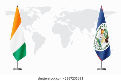 Ivory Coast and Belize flags for official meeting against background of world map.