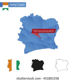Ivory Coast blue Low Poly map with capital Yamoussoukro, versions with flag, black and outline. Vector Illustration.