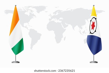 Ivory Coast and Bonaire flags for official meeting against background of world map.