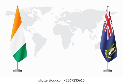 Ivory Coast and British Virgin Islands flags for official meeting against background of world map.