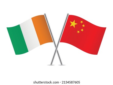 Ivory Coast and China crossed flags. Ivorian and Chinese flags, isolated on white background. Vector icon set. Vector illustration.