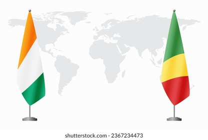 Ivory Coast and Congo Brazzaville flags for official meeting against background of world map.
