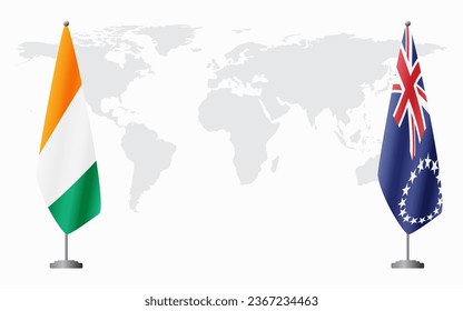 Ivory Coast and Cook Islands flags for official meeting against background of world map.