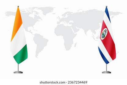 Ivory Coast and Costa Rica flags for official meeting against background of world map.