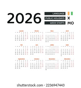 Ivory Coast or cote d ivoire Calendar 2026. Week starts from Monday. Vector graphic design. French language.