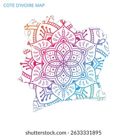 Ivory Coast or Cote d'Ivoire Map Mandala with Colorful Details Textured Vector Design Template on White Background.