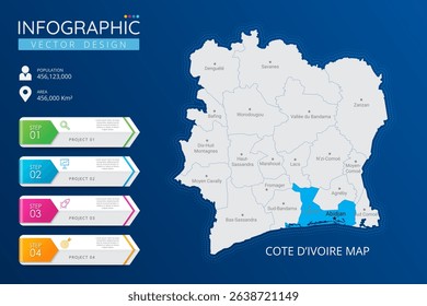 Ivory Coast or Cote d'Ivoire map with location pointer marks. High detailed country map with division, cities and capital infographic template. Vector illustration EPS10