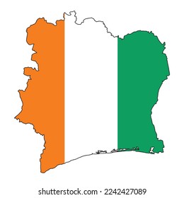 Ivory Coast or Cote d’Ivoire flag outline silhouette map over a white background