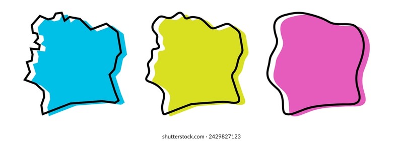 Ivory Coast country black outline and colored country silhouettes in three different levels of smoothness. Simplified maps. Vector icons isolated on white background. svg