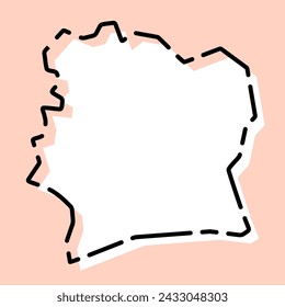 Ivory Coast country simplified map. White silhouette with black broken contour on pink background. Simple vector icon svg