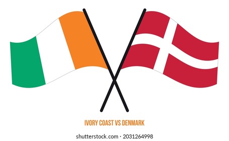 Ivory Coast and Denmark Flags Crossed And Waving Flat Style. Official Proportion. Correct Colors.