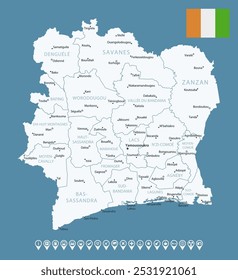 Costa do Marfim - mapa detalhado do país com cidades e regiões. Ícones infográficos. Ilustração vetorial.