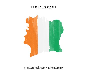 Ivory Coast detailed map with flag of country. Painted in watercolor paint colors in the national flag.