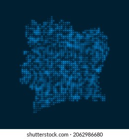 Ivory Coast dotted glowing map. Shape of the country with blue bright bulbs. Vector illustration.