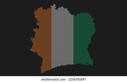 Ivory Coast dotted map flag with grunge texture in mosaic dot style. Abstract pixel vector illustration of a country map with halftone effect for infographic. 