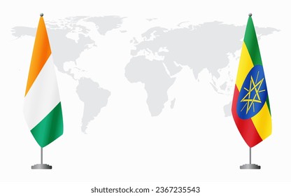 Ivory Coast and Ethiopia flags for official meeting against background of world map.