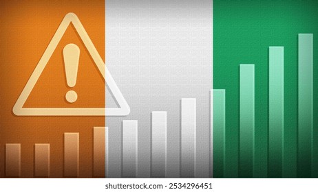 Ivory Coast flag with burlap texture, warning sign, and rising bar chart symbolizing increasing risk or growth challenges in the country. Ideal for data presentations.