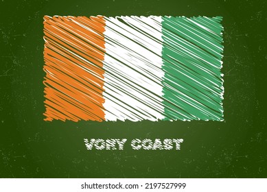 Ivory Coast flag with chalk effect on green chalkboard, hand drawing country flag concept, green blackboard with Ivory Coast flag, chalk texture, flag for kids, classroom material